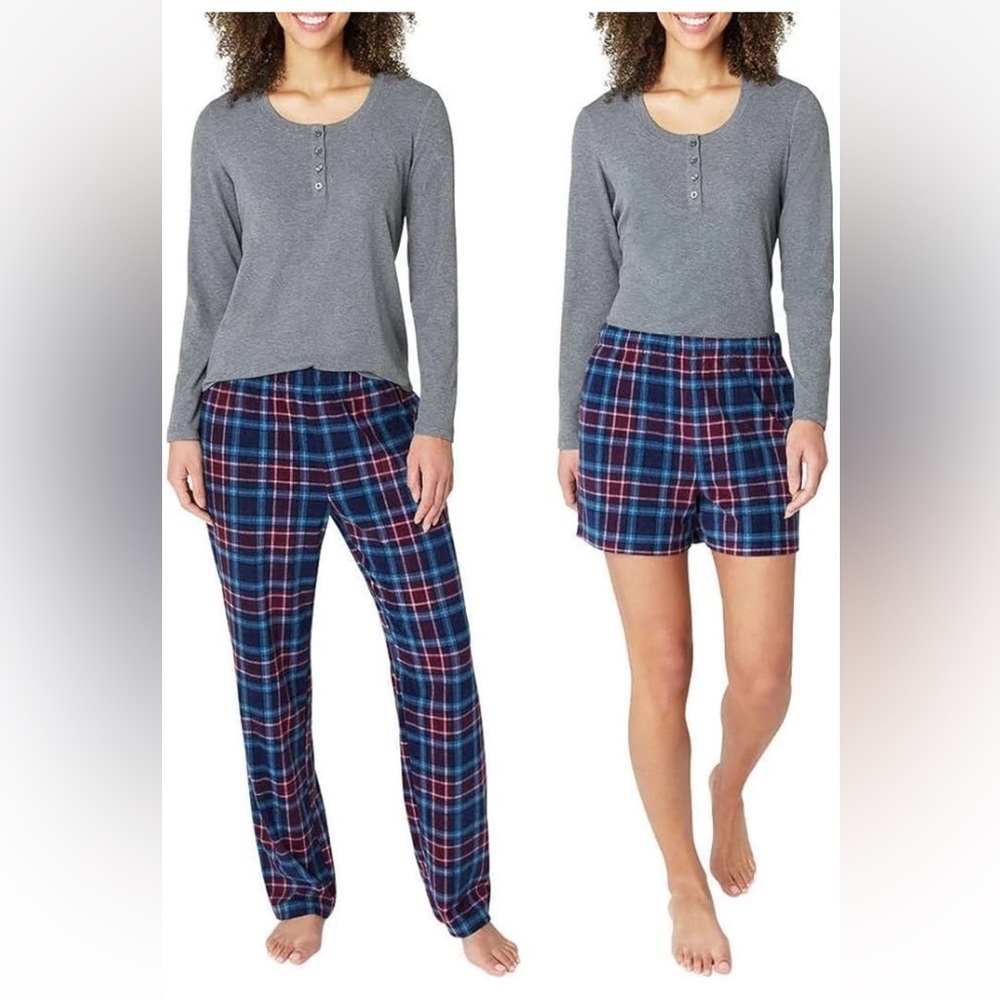 Eddie Bauer waffle fleece Gray Top with Blue Plaid 3 piece Pajama Set